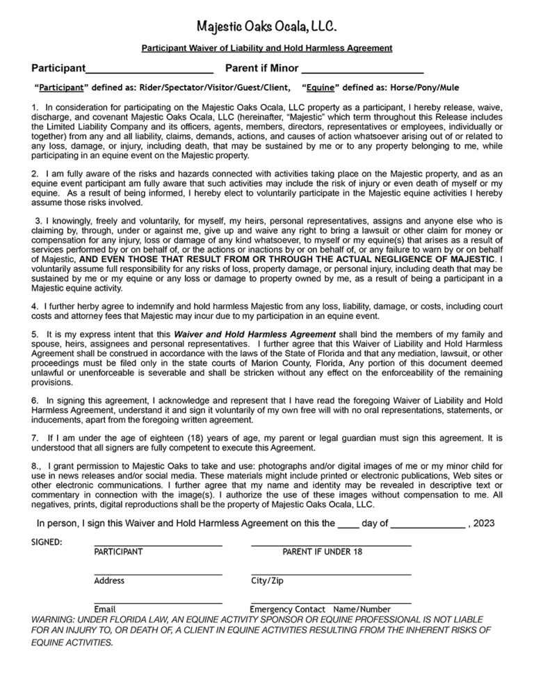 Participant Waiver of Liability and Hold Harmless Agreement Form 2023