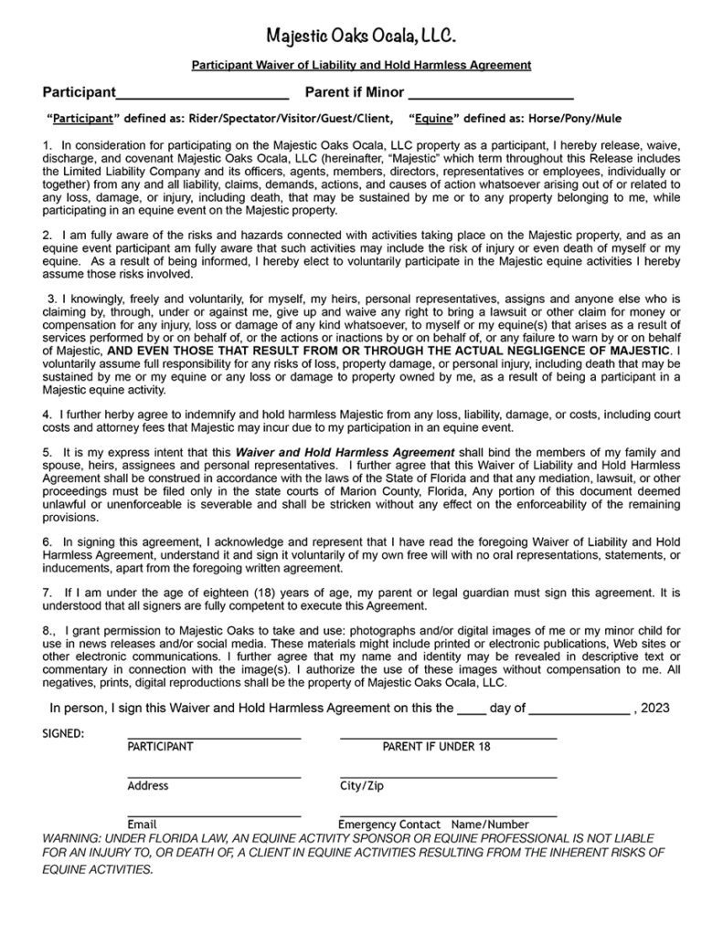 Participant Waiver of Liability and Hold Harmless Agreement Form 2023