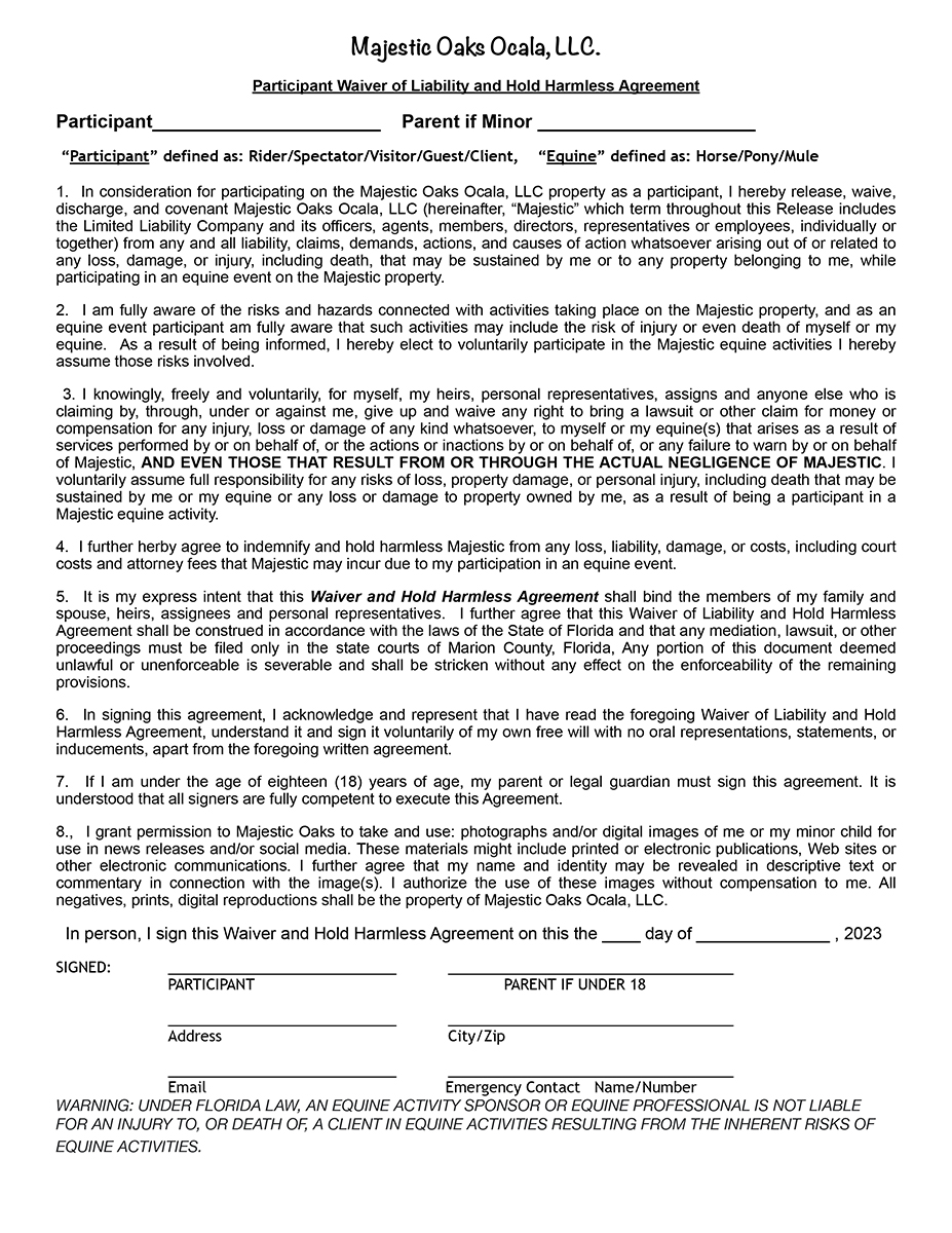 Participant Waiver Of Liability And Hold Harmless Agreement Form 2023 Participant Waiver Of Liability And Hold Harmless Agreement Form 2023